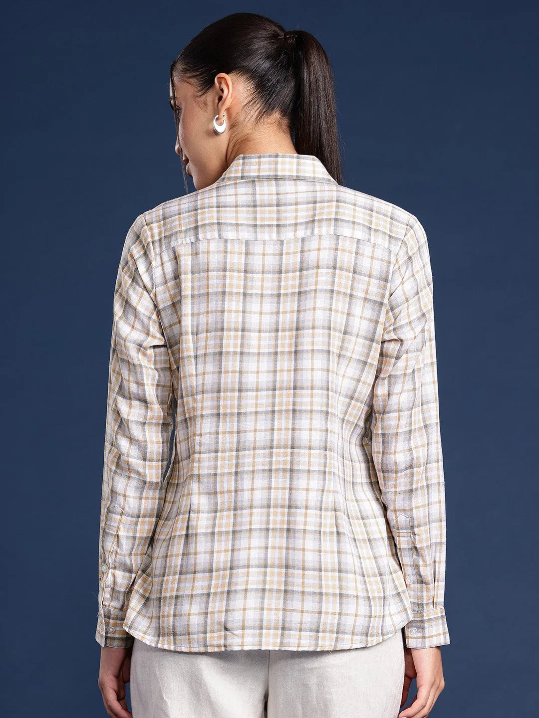 Women White Checks Linen Blend Formal Shirt