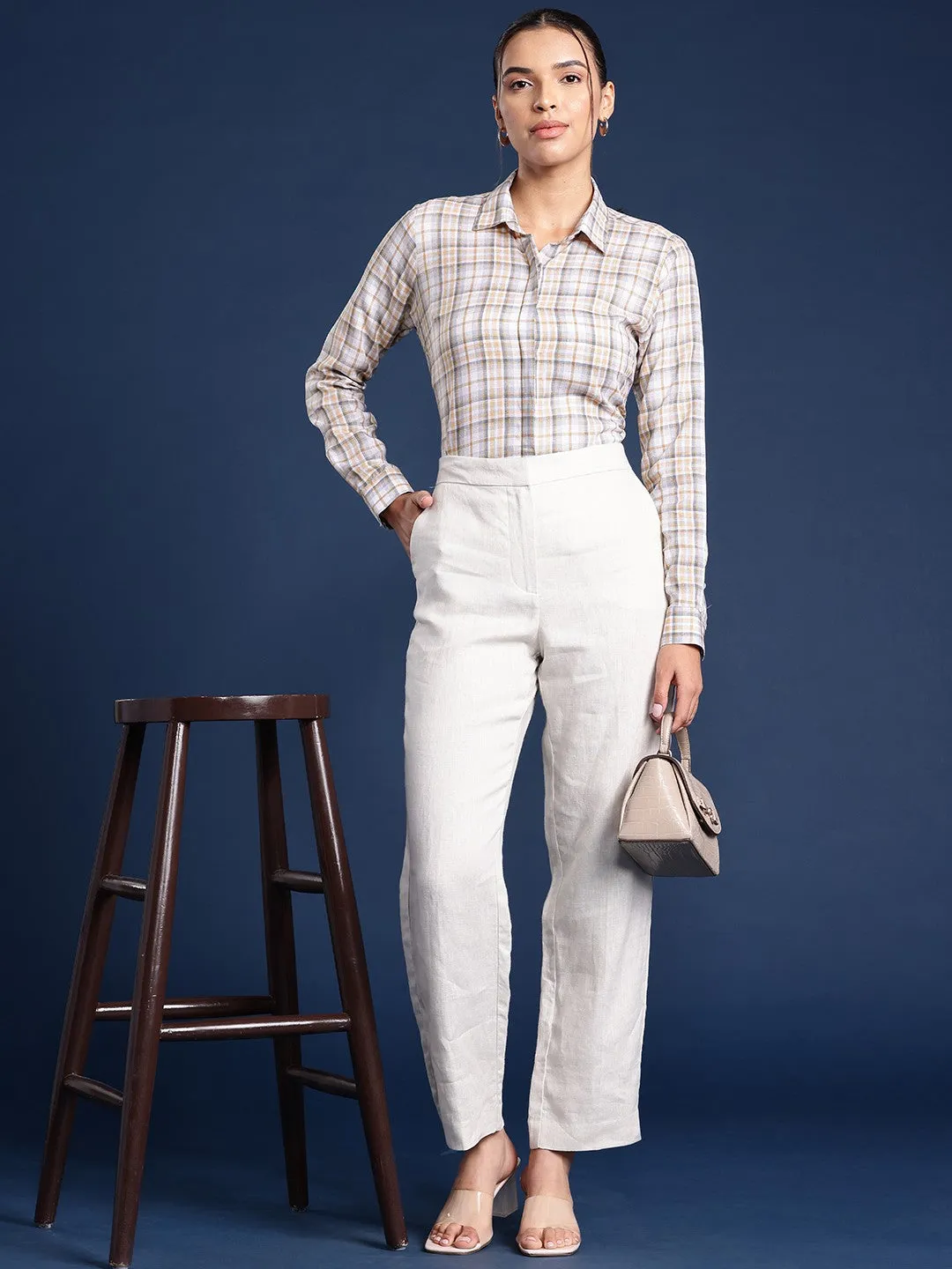 Women White Checks Linen Blend Formal Shirt
