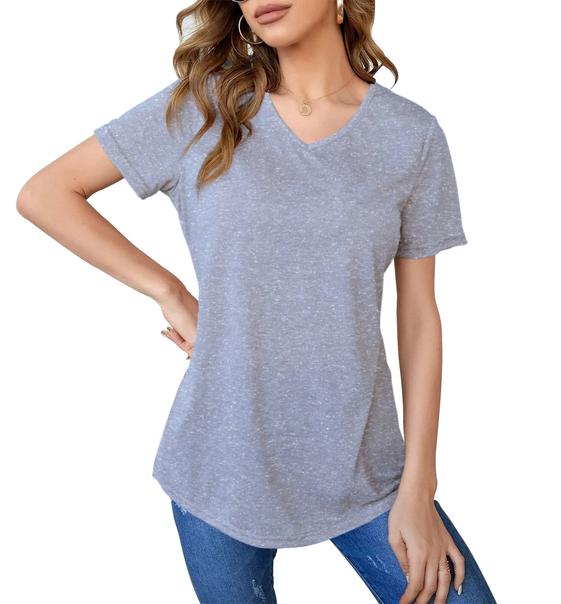 Womens Basic Short Sleeve V Neck Tops