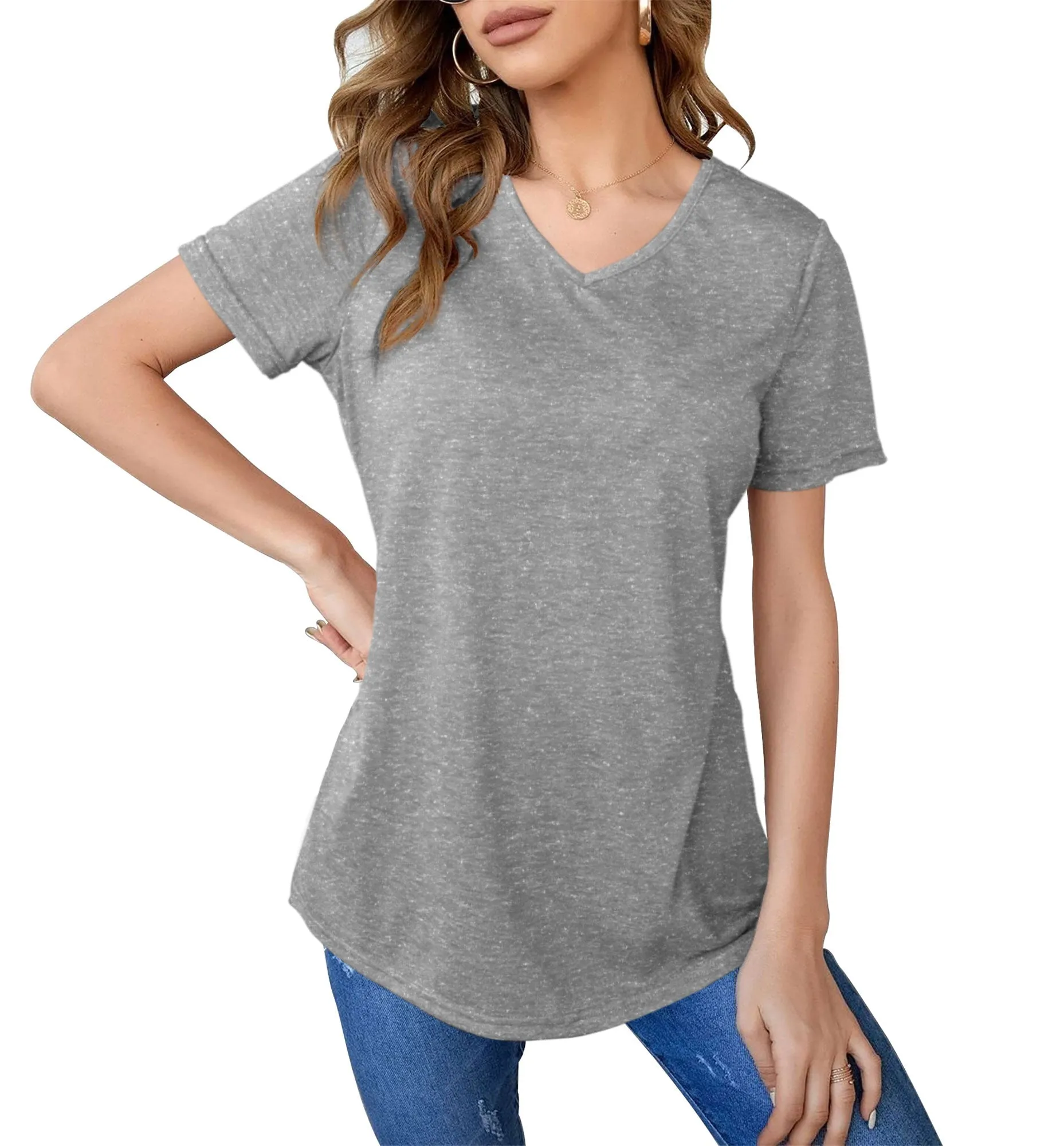 Womens Basic Short Sleeve V Neck Tops