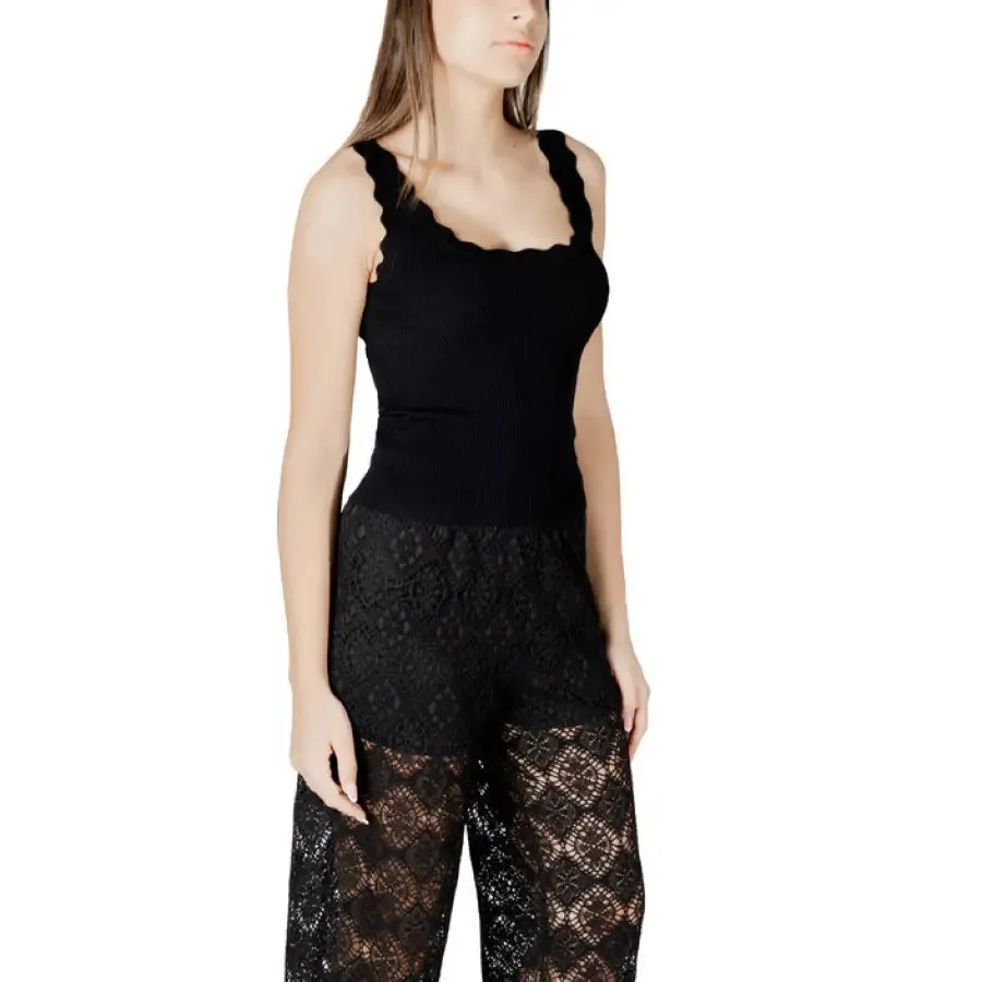 Womens Black Scalloped Tank Top and Lace Pants