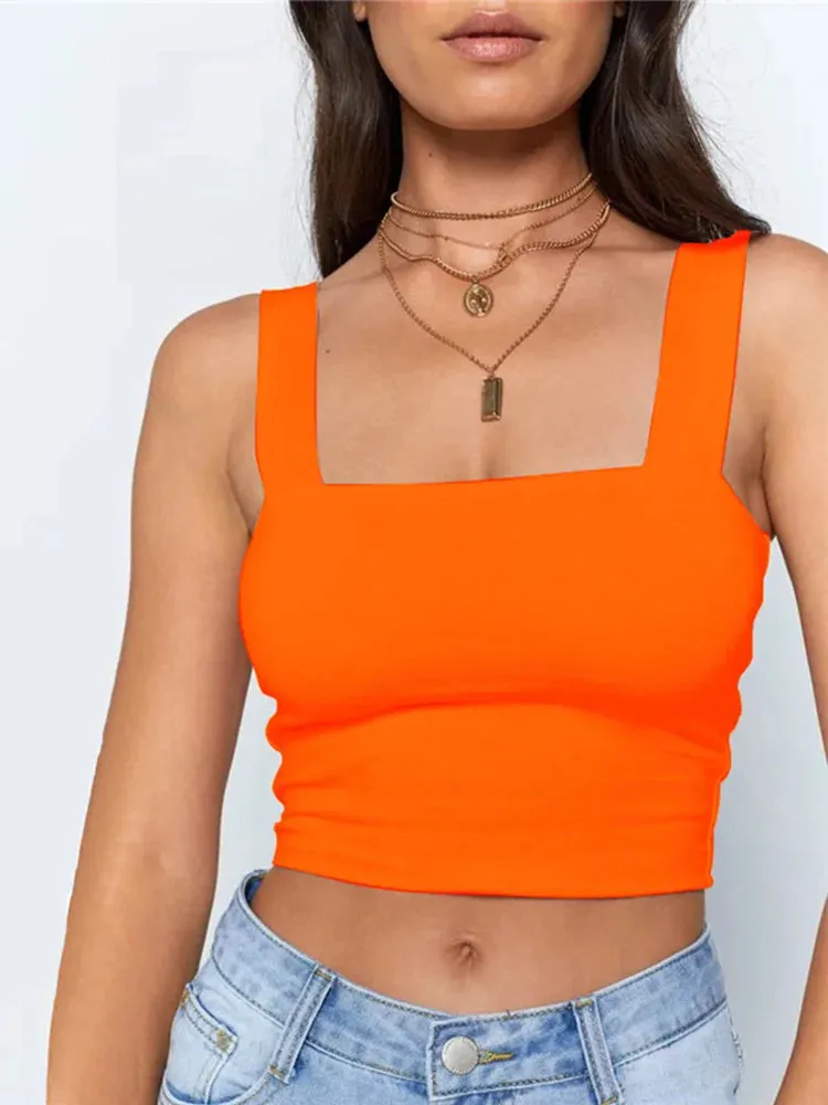 Women's Sleeveless Square Neck Crop Top - Summer White Casual Basic T-Shirt, Off Shoulder Sexy Backless Tank Top