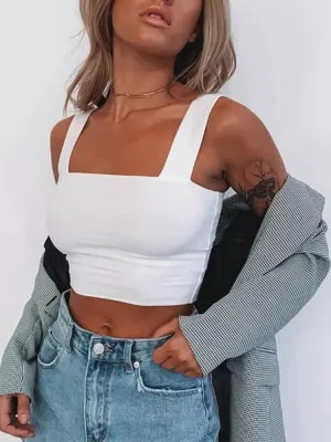 Women's Sleeveless Square Neck Crop Top - Summer White Casual Basic T-Shirt, Off Shoulder Sexy Backless Tank Top