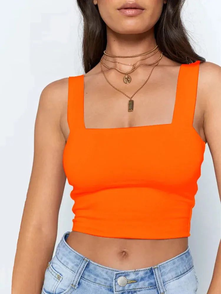 Women's Sleeveless Square Neck Crop Top - Summer White Casual Basic T-Shirt, Off Shoulder Sexy Backless Tank Top