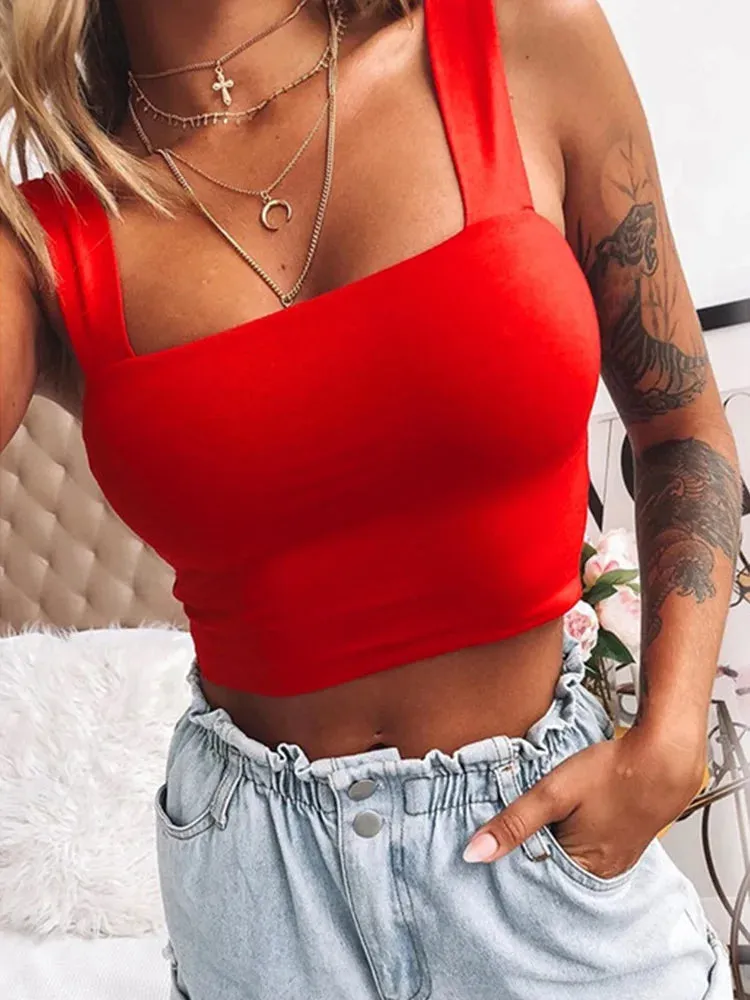 Women's Sleeveless Square Neck Crop Top - Summer White Casual Basic T-Shirt, Off Shoulder Sexy Backless Tank Top