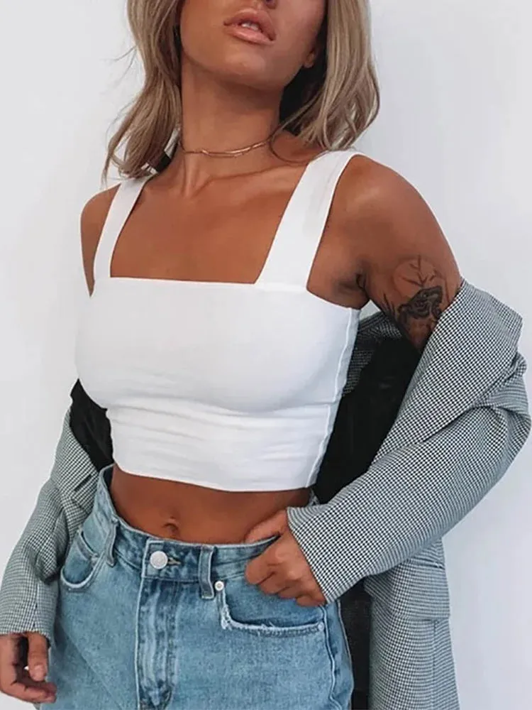 Women's Sleeveless Square Neck Crop Top - Summer White Casual Basic T-Shirt, Off Shoulder Sexy Backless Tank Top