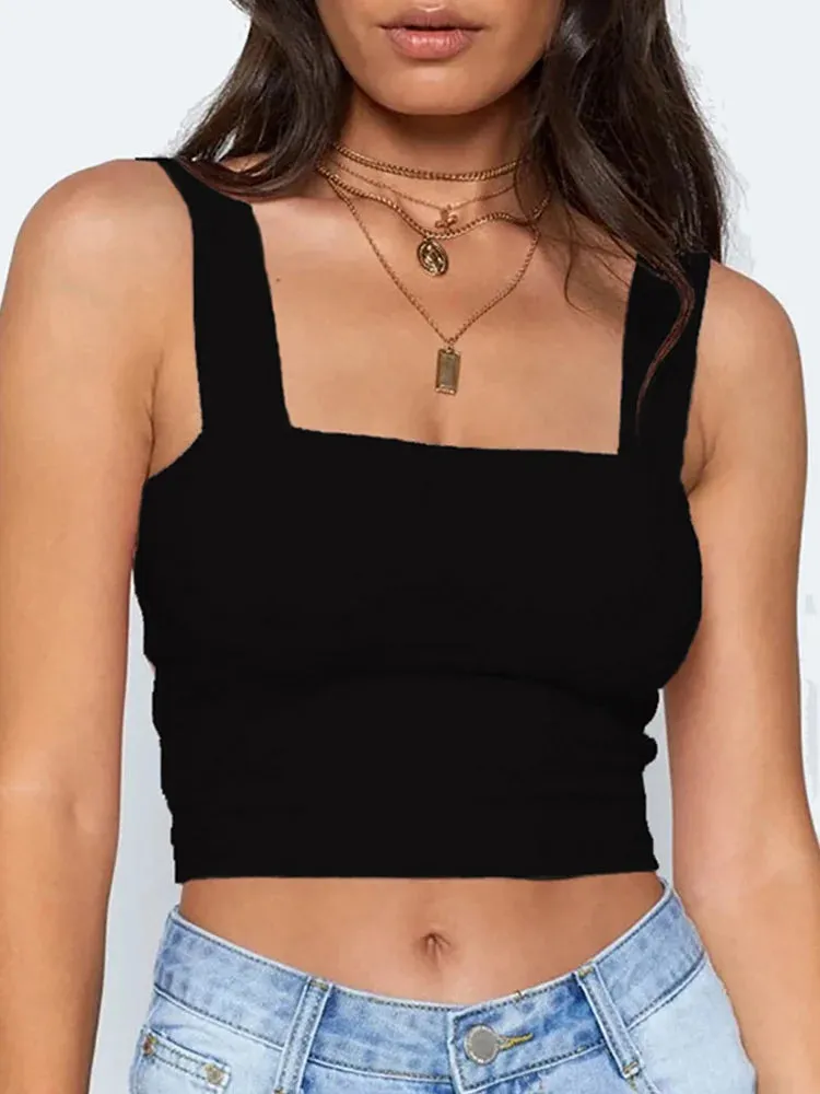 Women's Sleeveless Square Neck Crop Top - Summer White Casual Basic T-Shirt, Off Shoulder Sexy Backless Tank Top