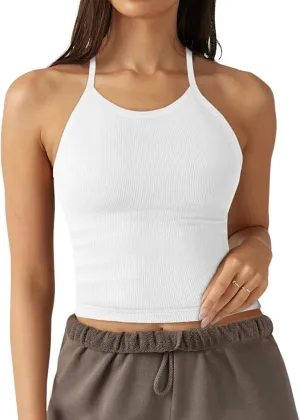 Womens Sports Bra Seamless Long Crop Tank Racer Back Spaghetti Strap Workout Yoga Padded Bra Halter Neck Casual Tops