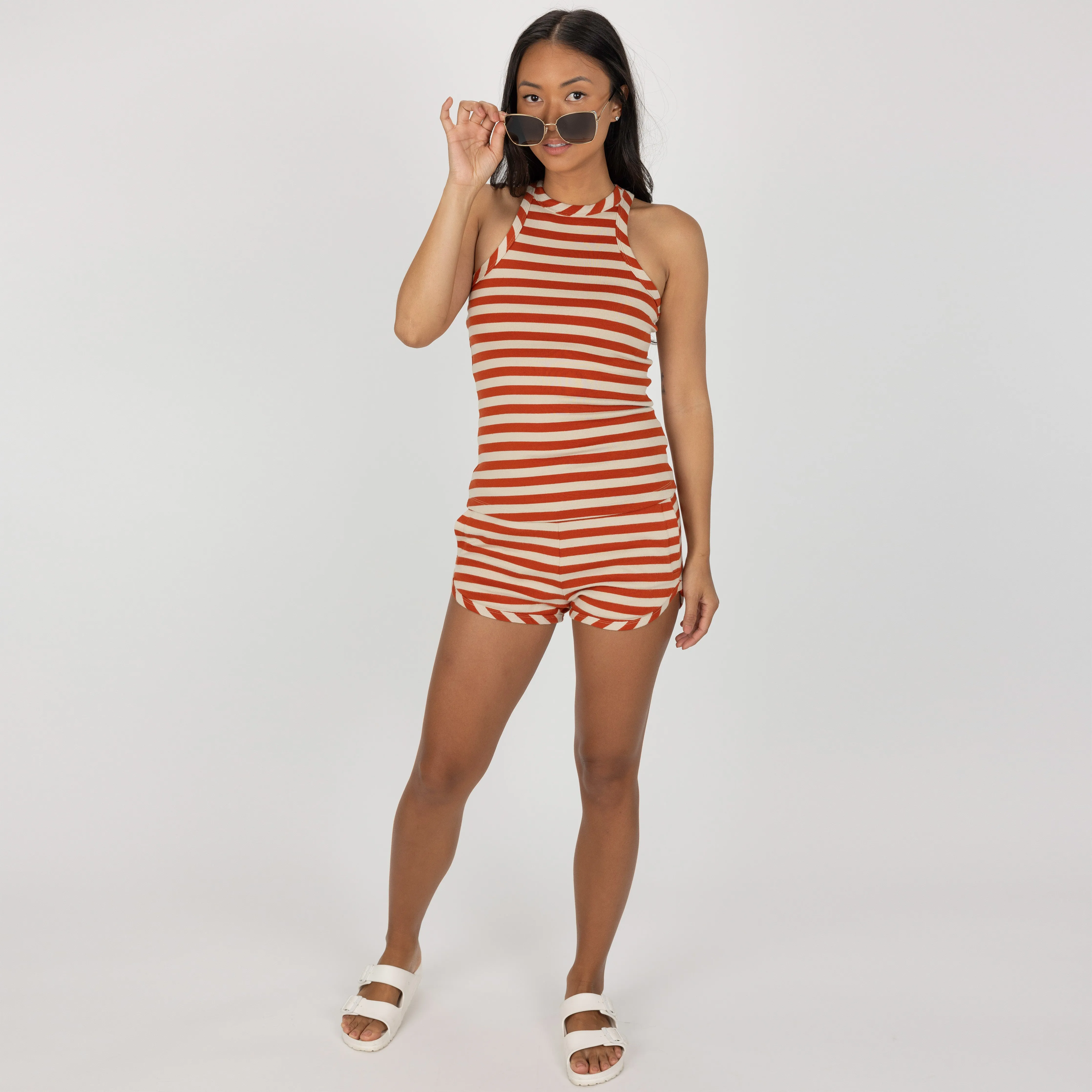 Womens Stripe High Neck Tank - Rooibos Tea / Fog