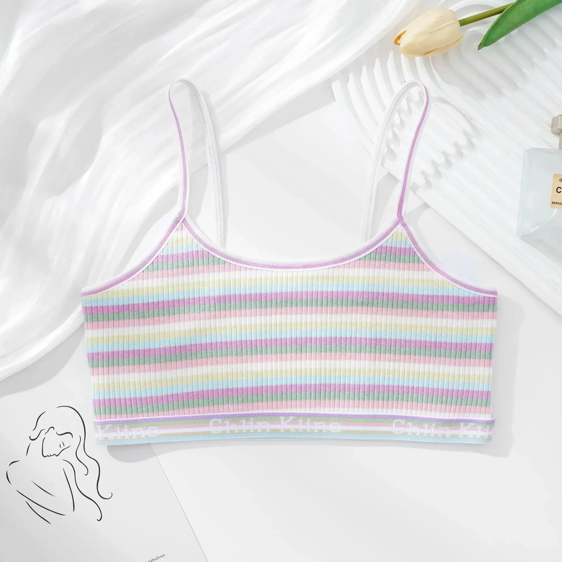 Women's Striped Crop Top Tube Bra - Push Up, Breathable, Comfort Cotton for Small Breast Girls
