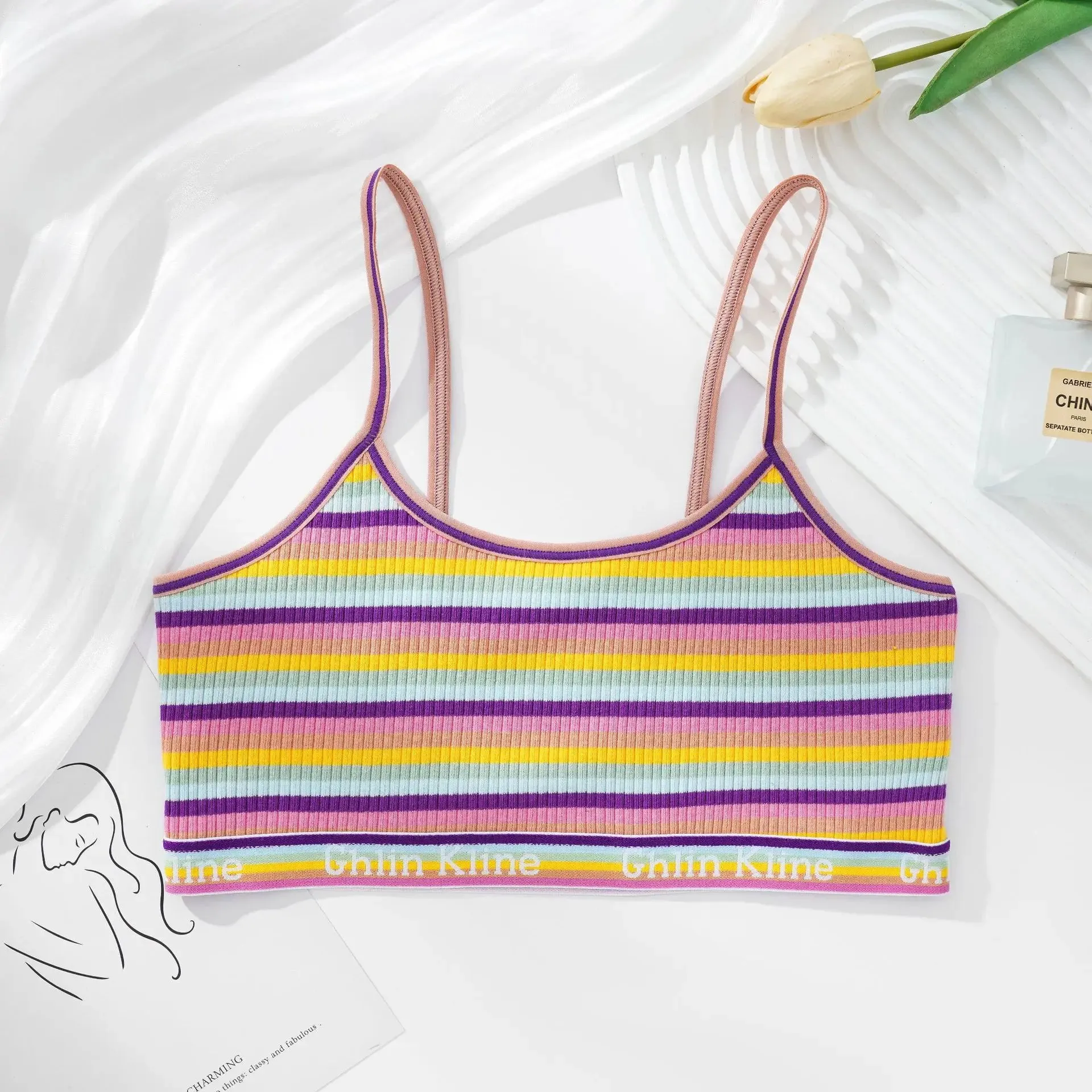 Women's Striped Crop Top Tube Bra - Push Up, Breathable, Comfort Cotton for Small Breast Girls