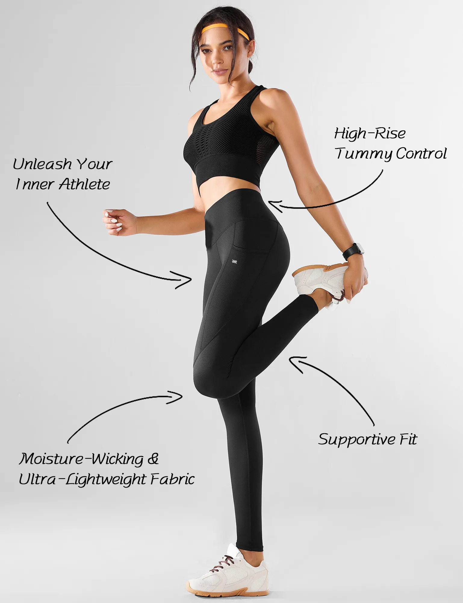 YR Yoga Workout Leggings for Women with Pockets, High-Waisted Compression Gym Leggings, Black